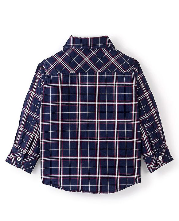 Babyhug Cotton Woven Full Sleeves Shirt Checkered with Bow - Navy Blue