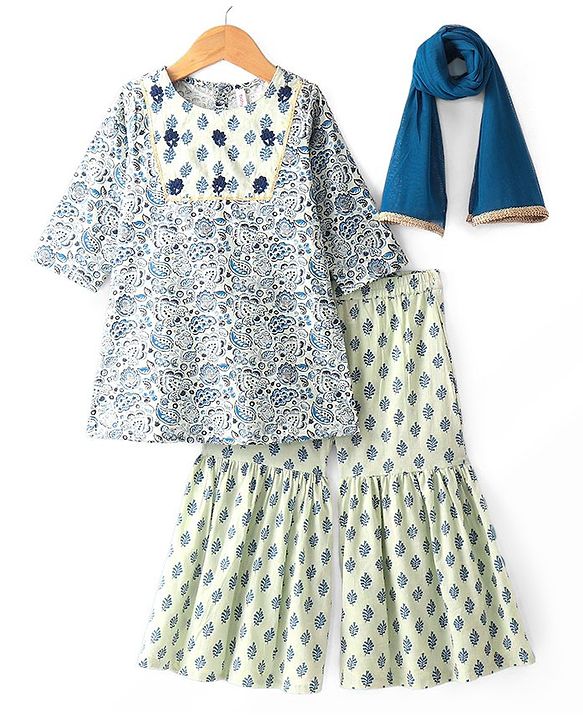 Babyhug Cotton Three Fourth Sleeves Kurta Sharara Set with Dupatta Floral Printed - Blue