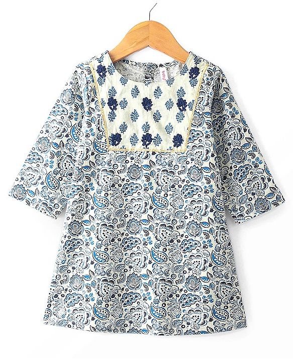 Babyhug Cotton Three Fourth Sleeves Kurta Sharara Set with Dupatta Floral Printed - Blue
