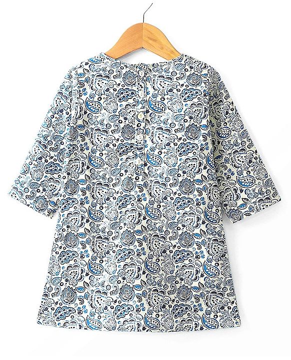 Babyhug Cotton Three Fourth Sleeves Kurta Sharara Set with Dupatta Floral Printed - Blue