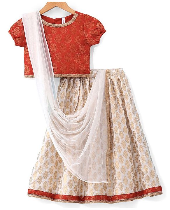 Babyhug Woven Half Sleeve Bocade Pattu Pavada Lehenga Choli and Dupatta Set Ikat Print - Maroon & White