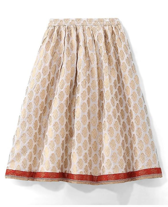 Babyhug Woven Half Sleeve Bocade Pattu Pavada Lehenga Choli and Dupatta Set Ikat Print - Maroon & White