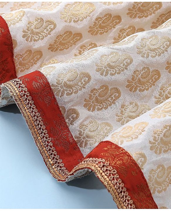 Babyhug Woven Half Sleeve Bocade Pattu Pavada Lehenga Choli and Dupatta Set Ikat Print - Maroon & White