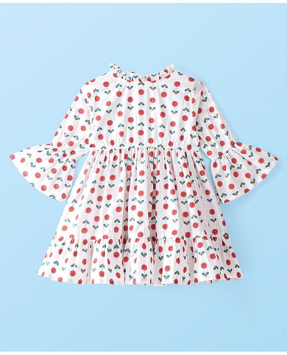 Babyhug 100% Cotton Woven Three Fourth Sleeves Floral Printed Ethnic Dress With Frill Detailing - White