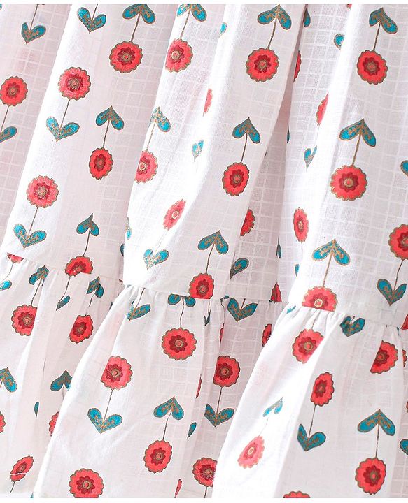 Babyhug 100% Cotton Woven Three Fourth Sleeves Floral Printed Ethnic Dress With Frill Detailing - White