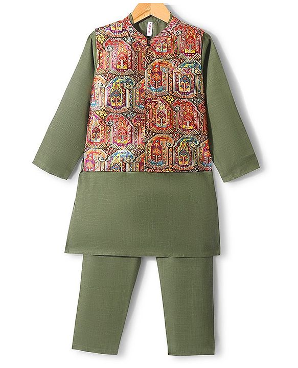 Babyhug 100% Cotton Woven Full Sleeves Kurta & Pyjama Set With Ikat Print Jacket - Green
