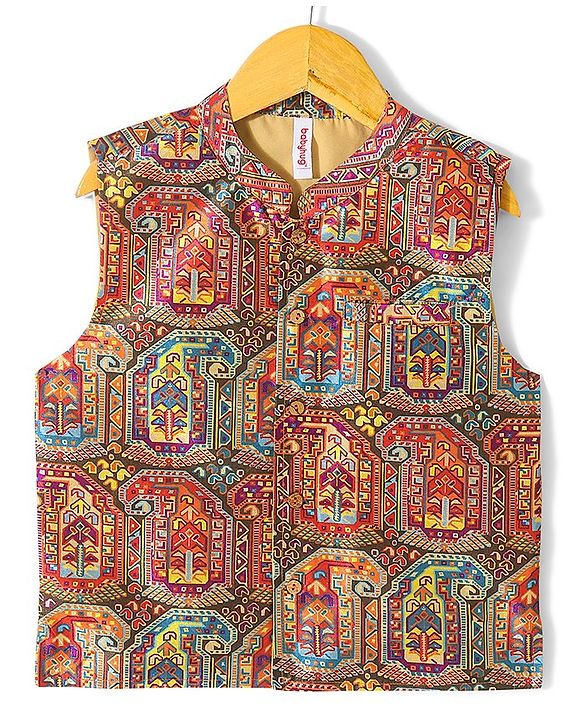 Babyhug 100% Cotton Woven Full Sleeves Kurta & Pyjama Set With Ikat Print Jacket - Green