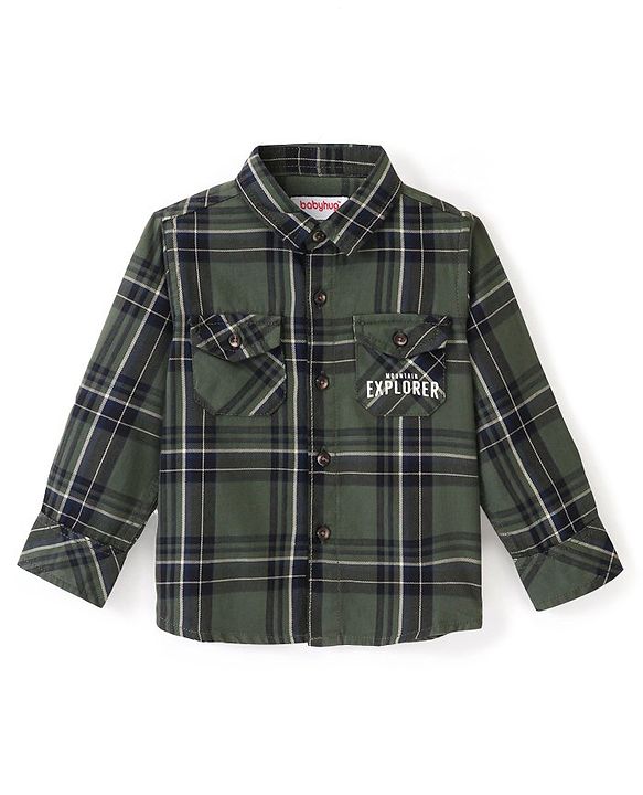 Babyhug 100% Cotton Knit Full Sleeves Shirt Checkered - Olive Green