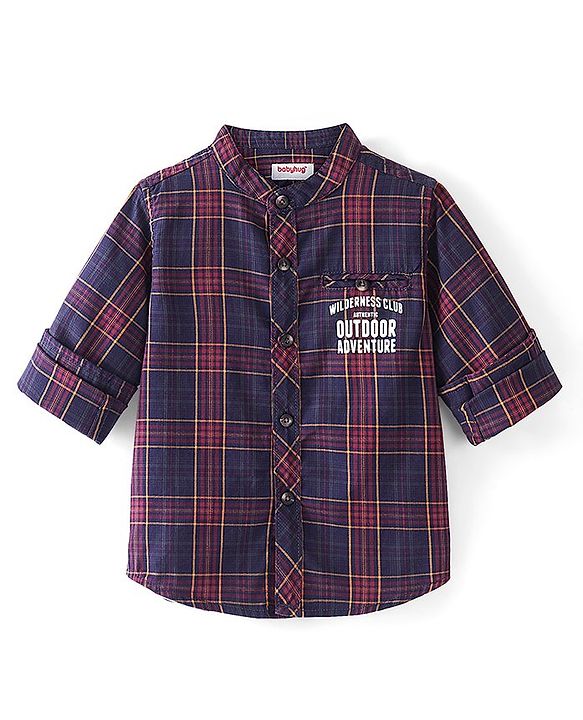 Babyhug 100% Cotton Full Sleeves Mandarin Collar Checks Shirt -Red and Blue