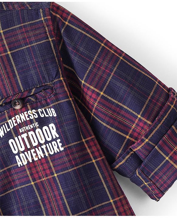 Babyhug 100% Cotton Full Sleeves Mandarin Collar Checks Shirt -Red and Blue