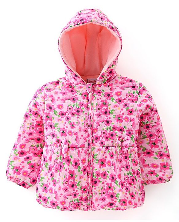 Babyhug 100% Cotton Full Sleeves Hooded Quilted  Jacket With Floral Print - Pink