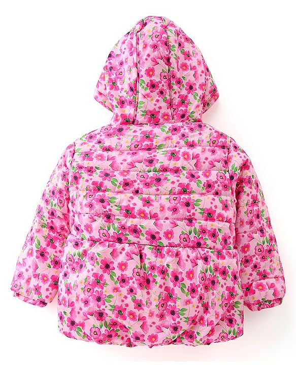 Babyhug 100% Cotton Full Sleeves Hooded Quilted  Jacket With Floral Print - Pink