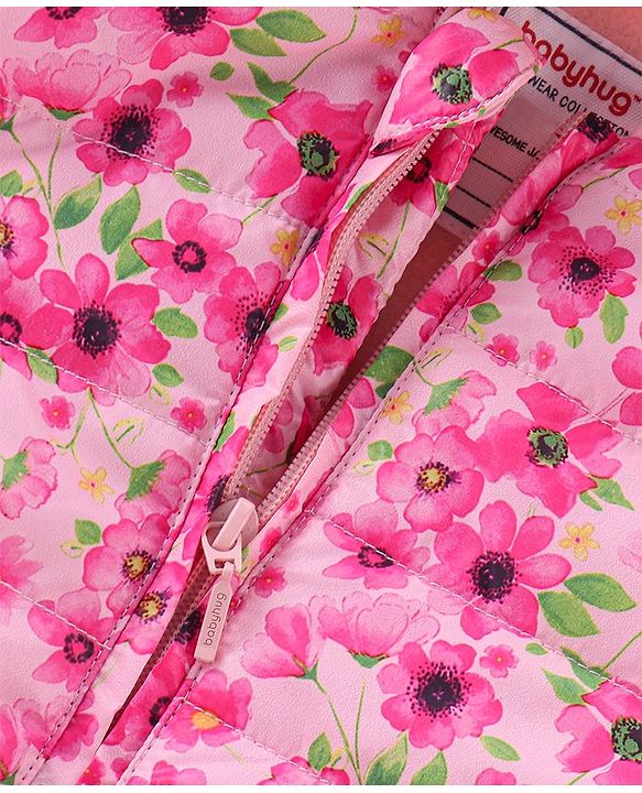 Babyhug 100% Cotton Full Sleeves Hooded Quilted  Jacket With Floral Print - Pink