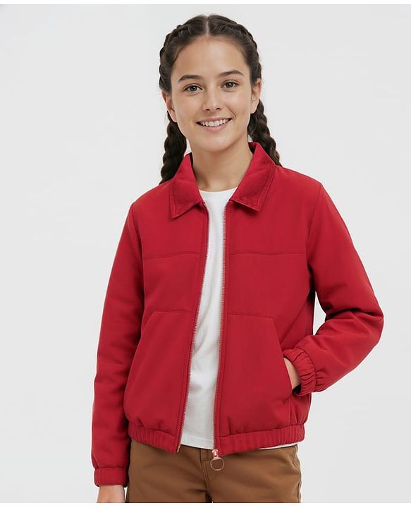 Pine Kids Cotton Full Sleeves Corduroy Bomber Jacket Solid Colour - Red
