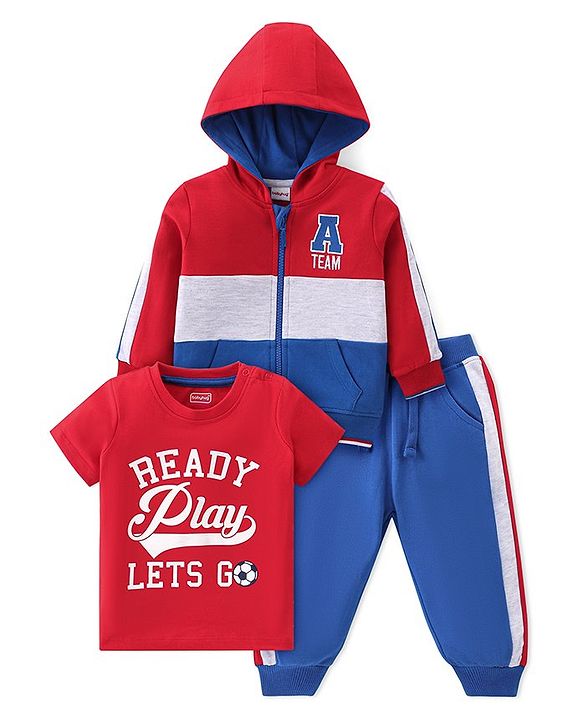 Babyhug Cotton Knit Full Sleeves Hooded Jacket with T-Shirt & Lounge Pant - Blue & Red