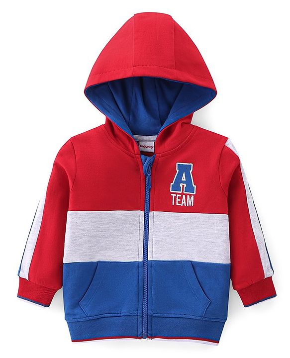 Babyhug Cotton Knit Full Sleeves Hooded Jacket with T-Shirt & Lounge Pant - Blue & Red