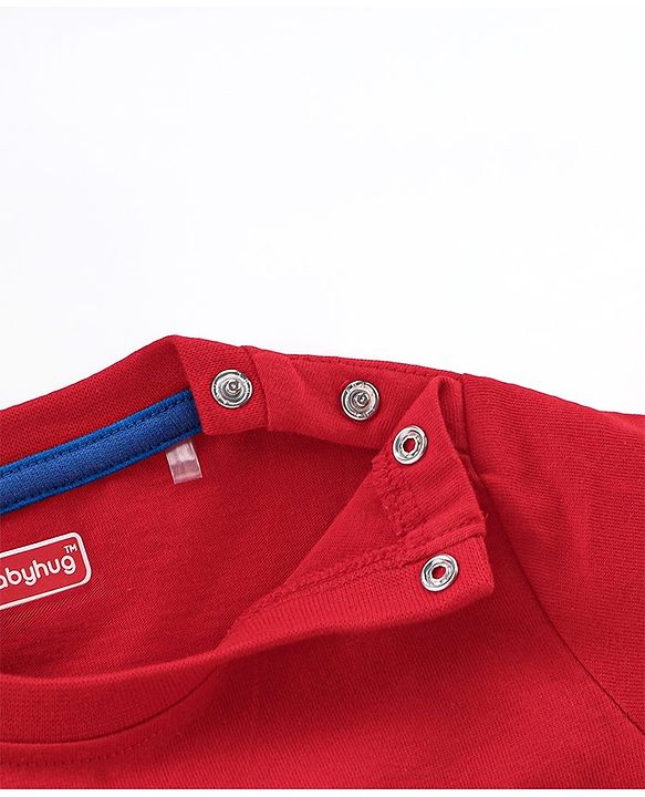 Babyhug Cotton Knit Full Sleeves Hooded Jacket with T-Shirt & Lounge Pant - Blue & Red