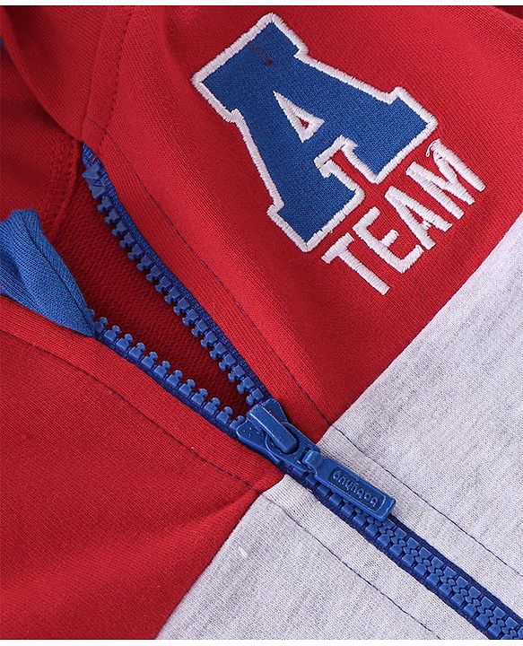 Babyhug Cotton Knit Full Sleeves Hooded Jacket with T-Shirt & Lounge Pant - Blue & Red