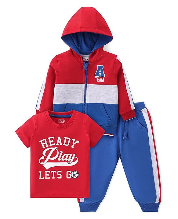 Babyhug Cotton Knit Full Sleeves Hooded Jacket with T-Shirt & Lounge Pant - Blue & Red
