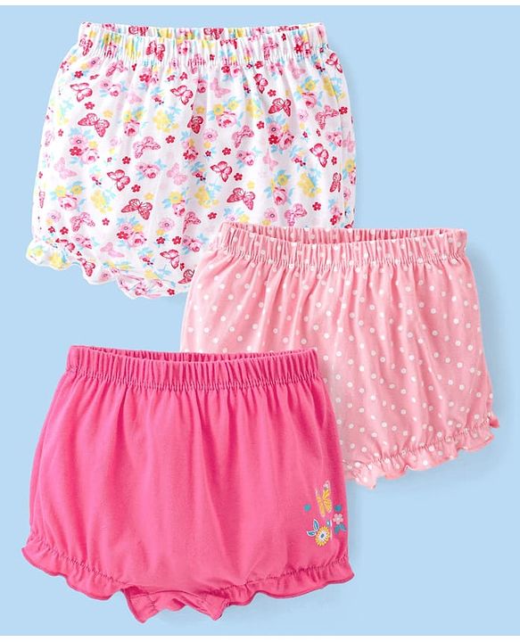 Babyhug 100% Cotton Knit Bloomers Butterfly Print Pack of 3 - Pink & White