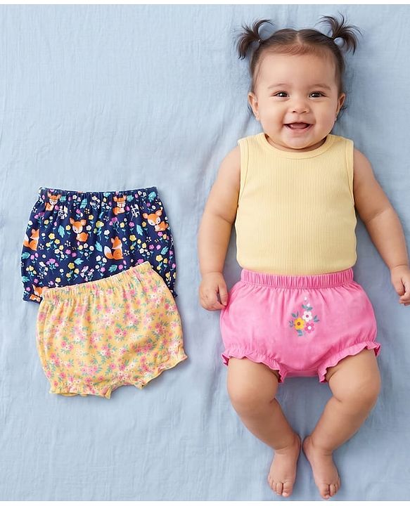 Babyhug 100% Cotton Bloomers Fox & Floral Print Pack of 3- Blue Yellow & Pink