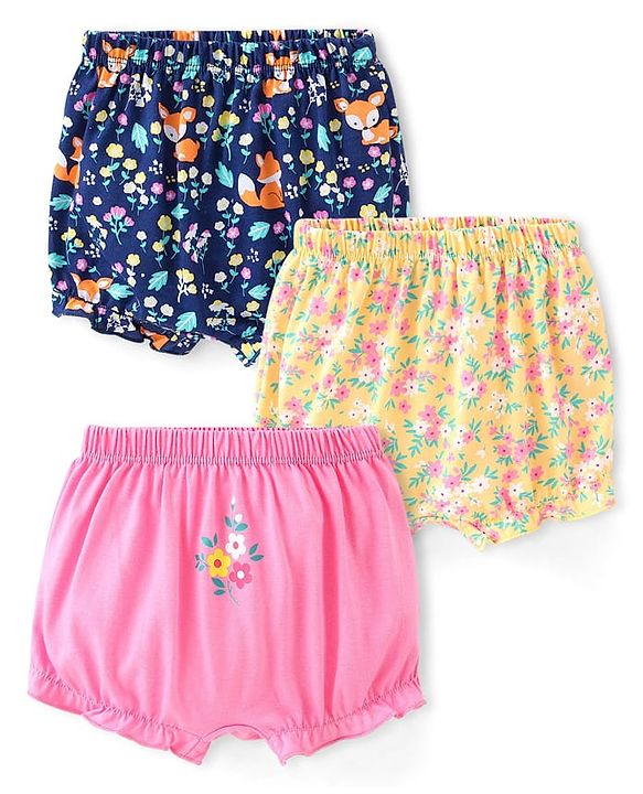 Babyhug 100% Cotton Bloomers Fox & Floral Print Pack of 3- Blue Yellow & Pink