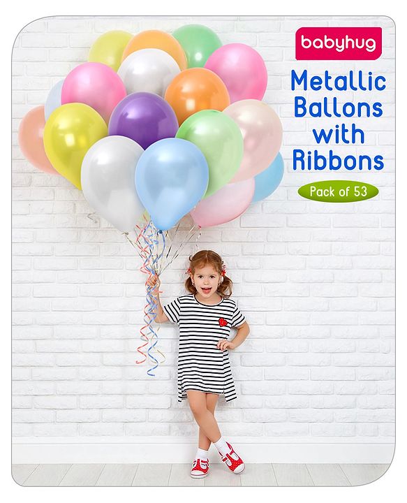 Babyhug Metallic Balloons with Ribbons Pack of 53 (Colour & Print May Vary)