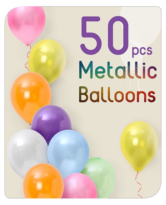 Babyhug Metallic Balloons with Ribbons Pack of 53 (Colour & Print May Vary)