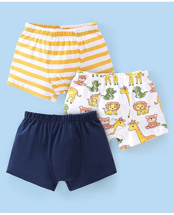 Babyhug 100% Cotton Knit Lion Print Trunks Pack of 3 - White Blue & Yellow