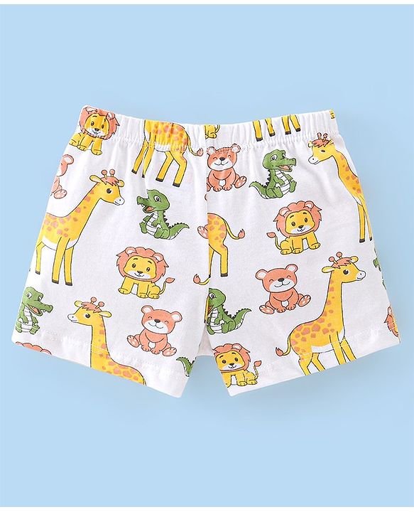 Babyhug 100% Cotton Knit Lion Print Trunks Pack of 3 - White Blue & Yellow