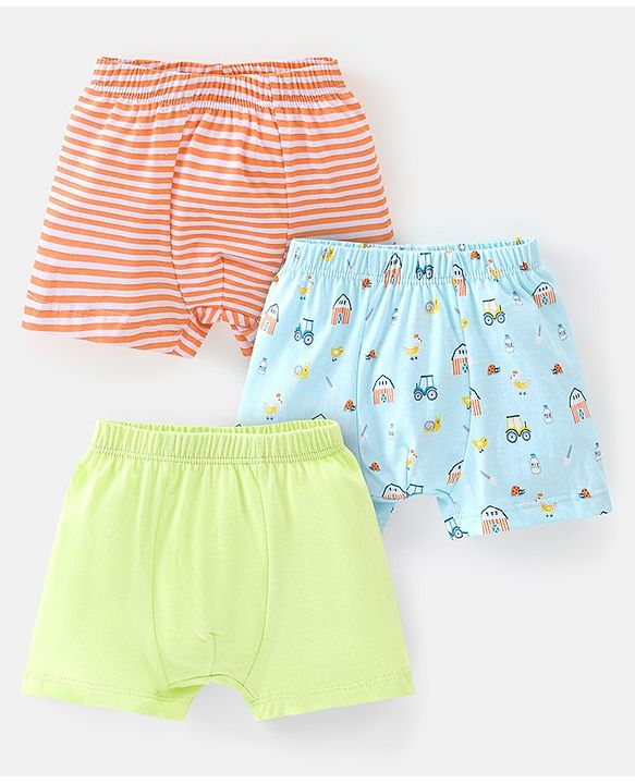 Babyhug 100% Cotton Knit Farm Print Trunks Pack of 3 - Green Blue & Red