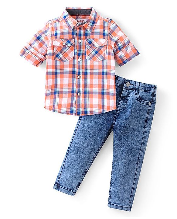 Babyhug Full Sleeves Checkered Shirt & Jeans - Multicolor & Blue