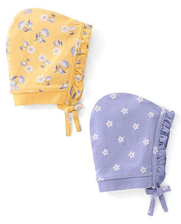 Babyhug 100% Cotton Caps Floral Print Pack of 2  Purple & Yellow - Diameter 11.5 Cm