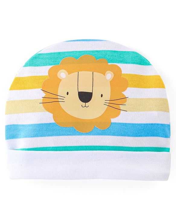 Babyhug 100% Cotton Knit Cap Striped & Lion  Print- Multicolour