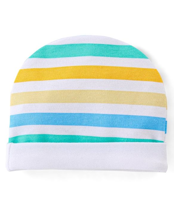 Babyhug 100% Cotton Knit Cap Striped & Lion  Print- Multicolour