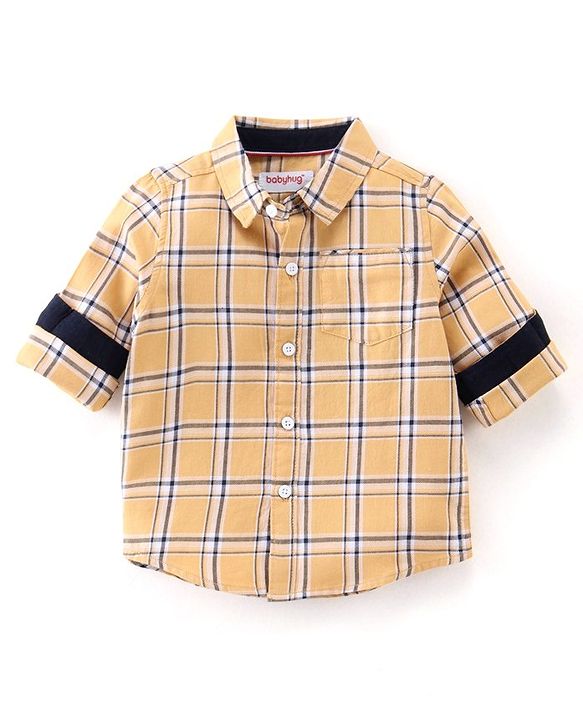 Babyhug 100% Cotton Knit Full Sleeves Shirt & Jeans Checkered - Yellow & Blue