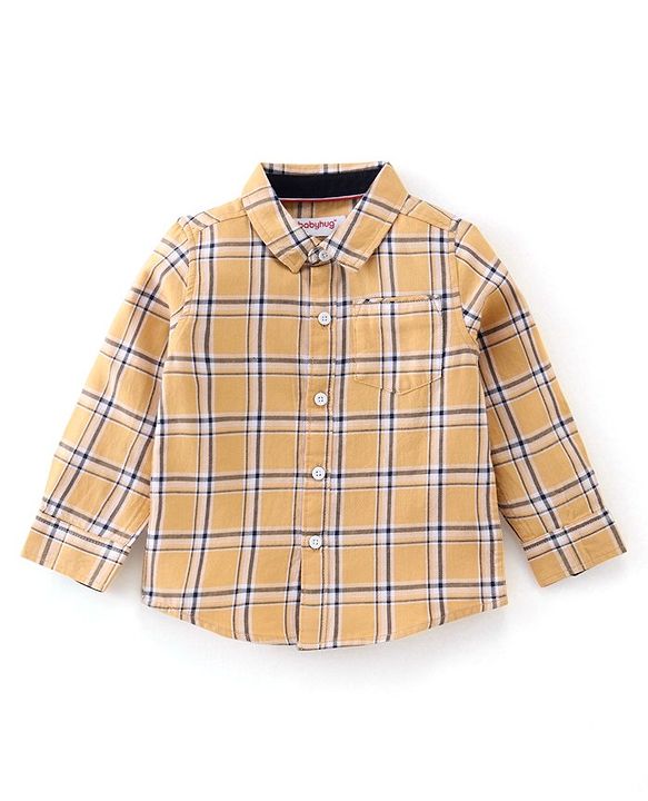 Babyhug 100% Cotton Knit Full Sleeves Shirt & Jeans Checkered - Yellow & Blue