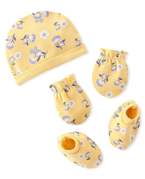 Babyhug 100% Cotton Knit Cap Mittens & Booties Set Floral Print- Yellow