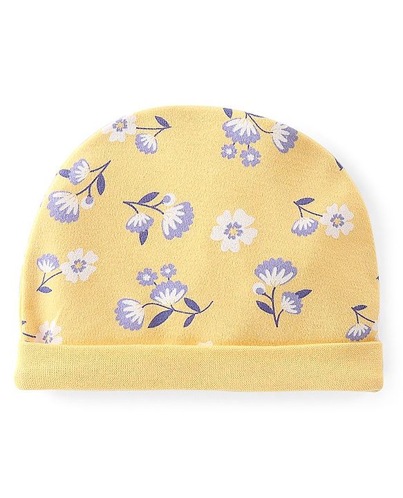 Babyhug 100% Cotton Knit Cap Mittens & Booties Set Floral Print- Yellow