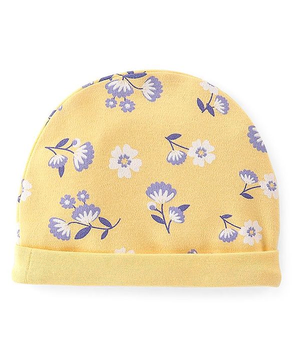 Babyhug 100% Cotton Knit Cap Mittens & Booties Set Floral Print- Yellow