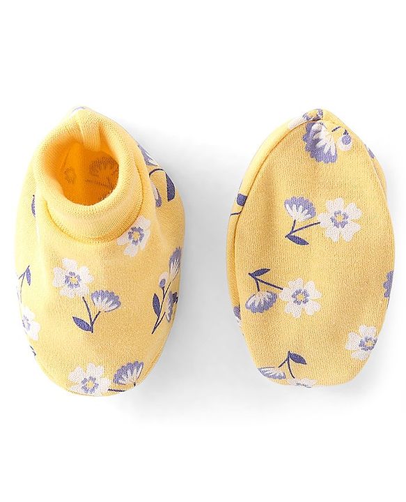 Babyhug 100% Cotton Knit Cap Mittens & Booties Set Floral Print- Yellow