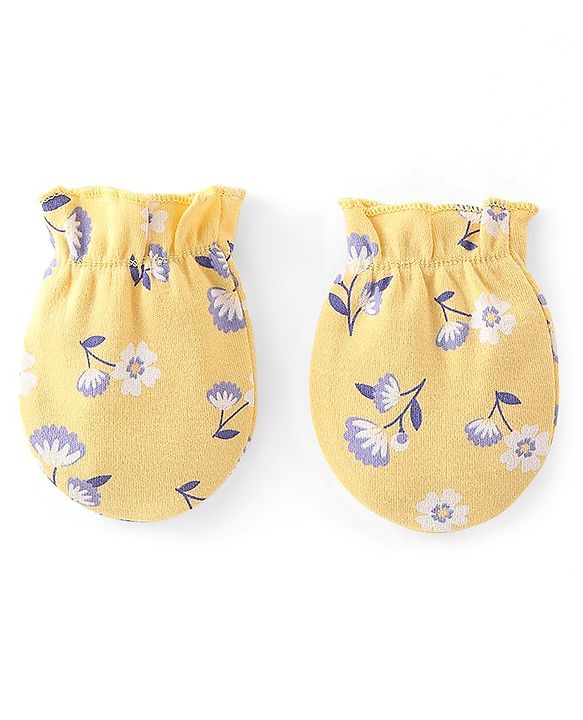Babyhug 100% Cotton Knit Cap Mittens & Booties Set Floral Print- Yellow
