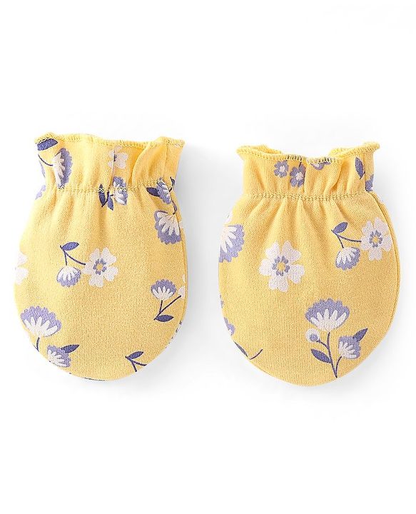 Babyhug 100% Cotton Knit Cap Mittens & Booties Set Floral Print- Yellow