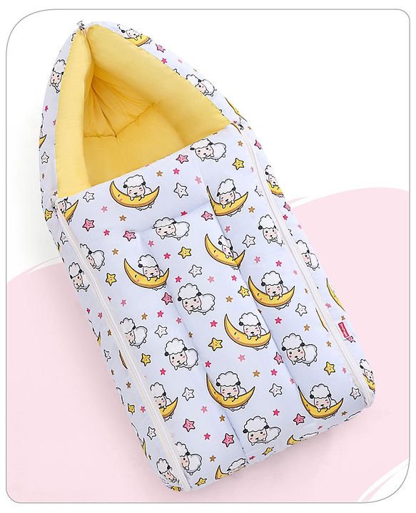 Babyhug 100% Cotton Sleeping Bag Cum Carry Nest Sheep On the Moon Print- Light Blue