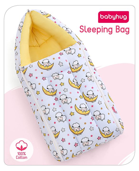 Babyhug 100% Cotton Sleeping Bag Cum Carry Nest Sheep On the Moon Print- Light Blue