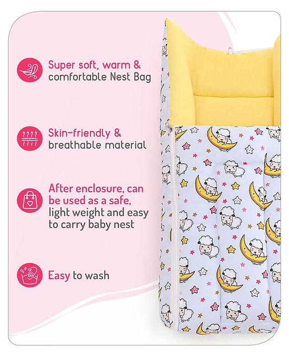 Babyhug 100% Cotton Sleeping Bag Cum Carry Nest Sheep On the Moon Print- Light Blue