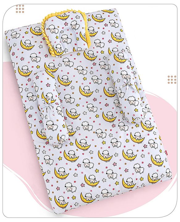 Babyhug 100% Cotton Bedding Set with Neck Pillow And Bolsters Set Sheep on Moon Print - White & Yellow