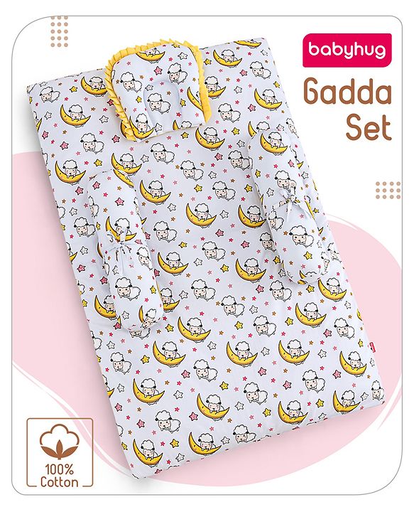 Babyhug 100% Cotton Bedding Set with Neck Pillow And Bolsters Set Sheep on Moon Print - White & Yellow