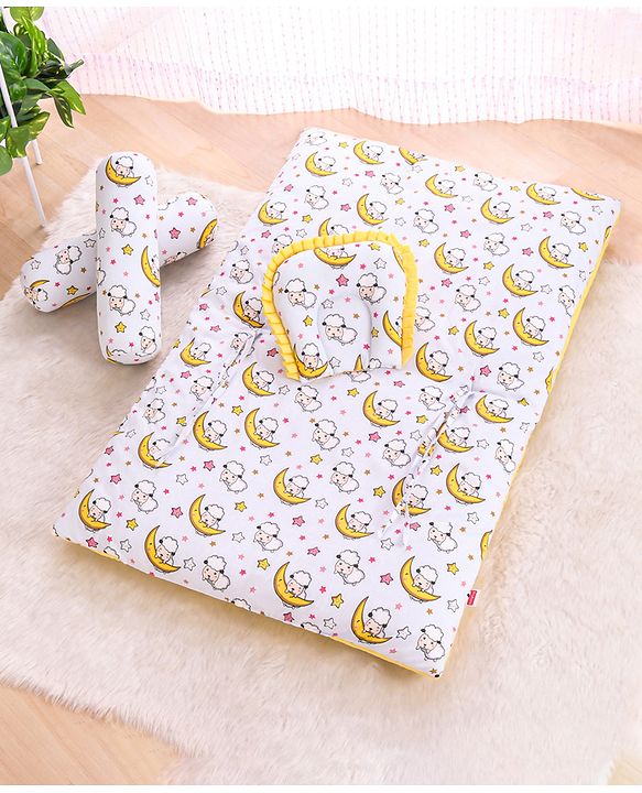 Babyhug 100% Cotton Bedding Set with Neck Pillow And Bolsters Set Sheep on Moon Print - White & Yellow