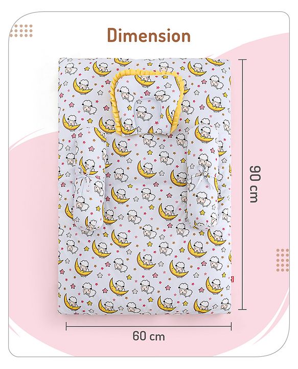 Babyhug 100% Cotton Bedding Set with Neck Pillow And Bolsters Set Sheep on Moon Print - White & Yellow